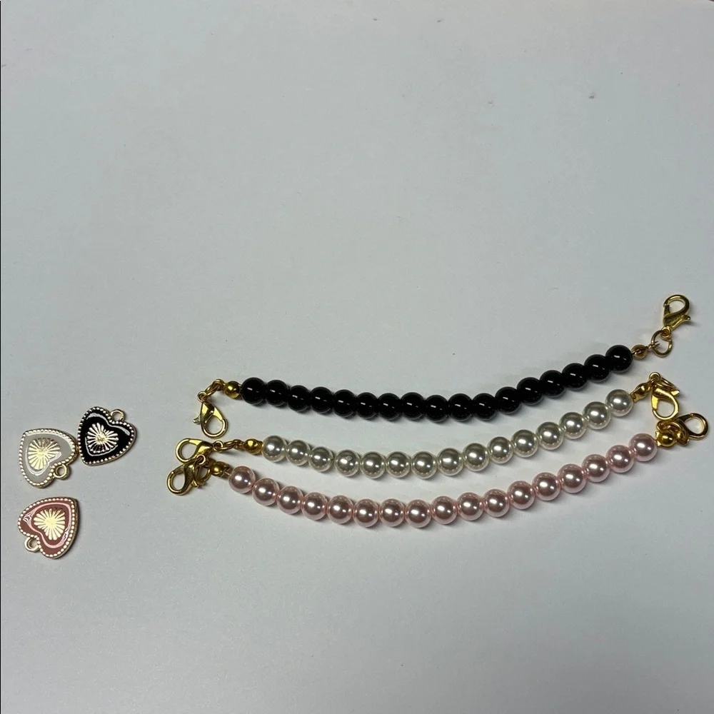 Girls Pearl Bracelet Set Pink Black White Heart Charm Initial P Gift